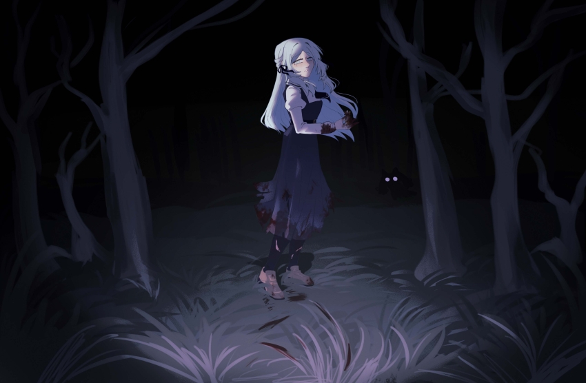 absurdres, black_pantyhose, black_ribbon, blood, blood_on_clothes, blood_on_hands, blue_dress, blue_eyes