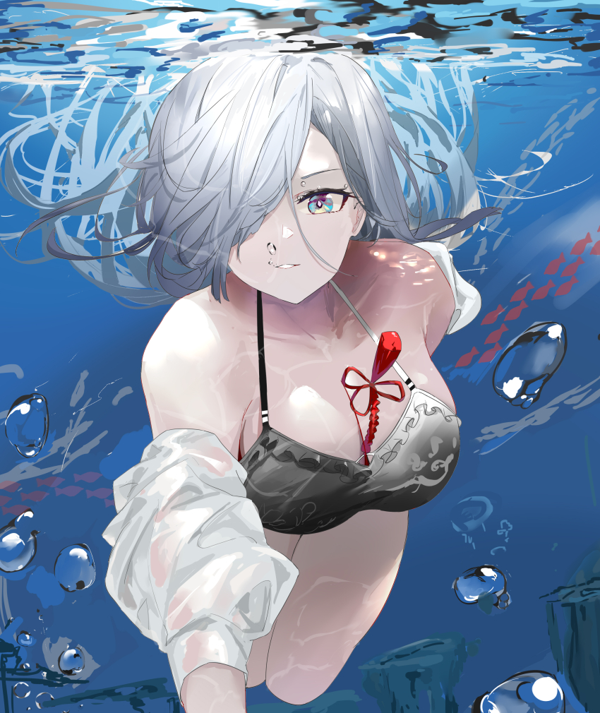 1girl, absurdres, air_bubble, bikini, black_bikini, blue_eyes, breasts, bubble