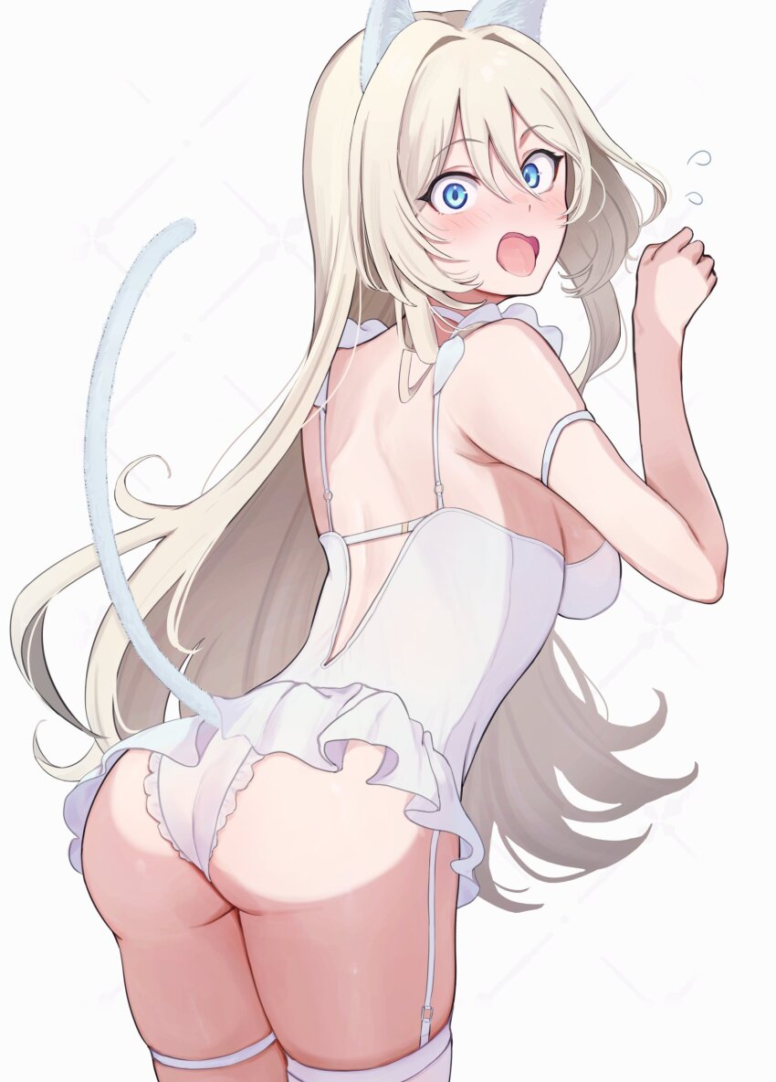 1girl, an-94_(girls'_frontline), animal_ears, ass, blonde_hair, blue_eyes, blush, cat_ears, cat_tail, chemise, commentary, cowboy_shot, from_behind, garter_straps, girls'_frontline, highres, kemonomimi_mode, long_hair, looking_at_viewer, looking_back, open_mouth, panties, simple_background, solo, tail, thighhighs, underwear, wedgie, white_background, white_chemise, white_panties, white_thighhighs, yotsuyama_(yomo8ama)