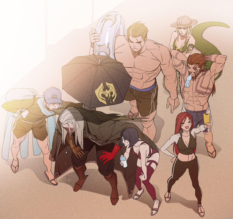 3girls, 4boys, arm_tattoo, arms_up, baseball_cap, bent_over, black_hair, black_jacket