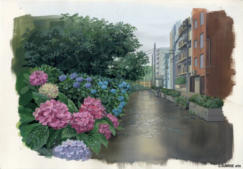 air_conditioner, apartment, balcony, building, door, flower, grey_sky, highres