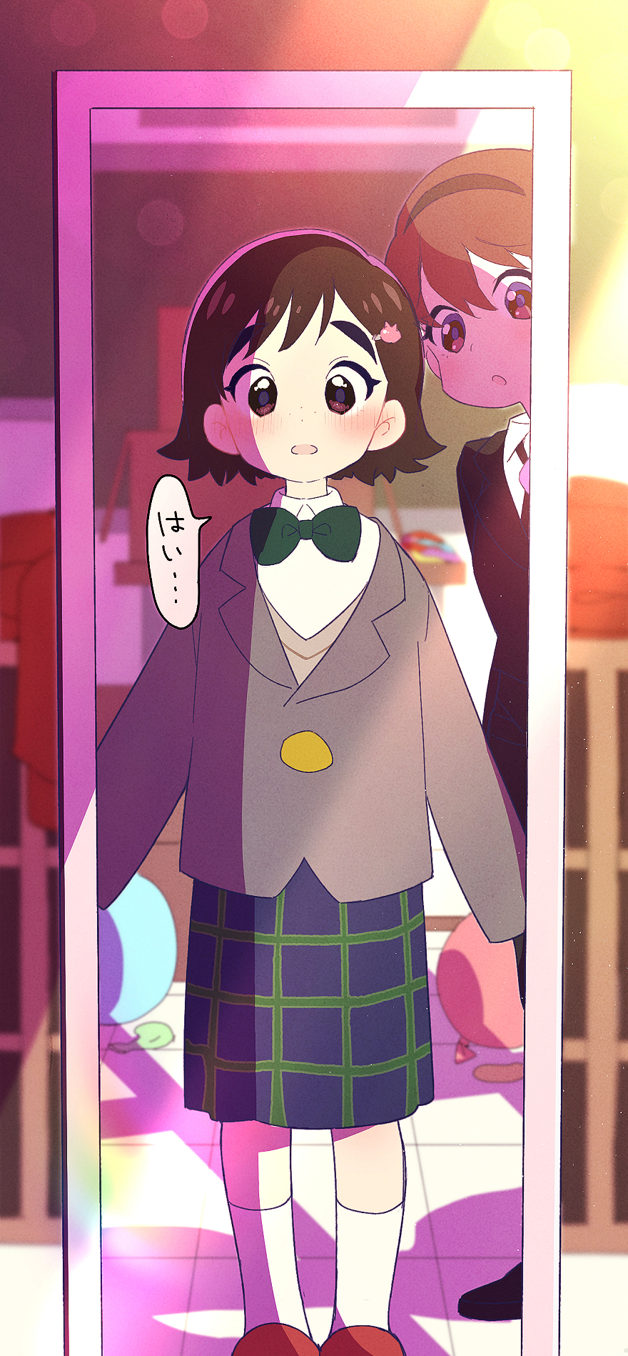 aged_down, black_hairband, blazer, brown_eyes, brown_hair, butler, cardigan, classroom, crossdressing, crossdressing_(ftm), easel, female_butler, flipped_hair, formal_clothes, freckles, green_necktie, grey_jacket, hair_ornament, hairband, hairclip, hashimoto_nyaa, highres, jacket, jiyuuto_(cocyco), looking_at_mirror, mirror, necktie, osomatsu-san, osomatsu-san_the_movie, osomatsu_(series), plaid_clothes, plaid_skirt, school_uniform, skirt, socks, suit, tailcoat, thick_eyebrows, tuxedo, yowai_totoko