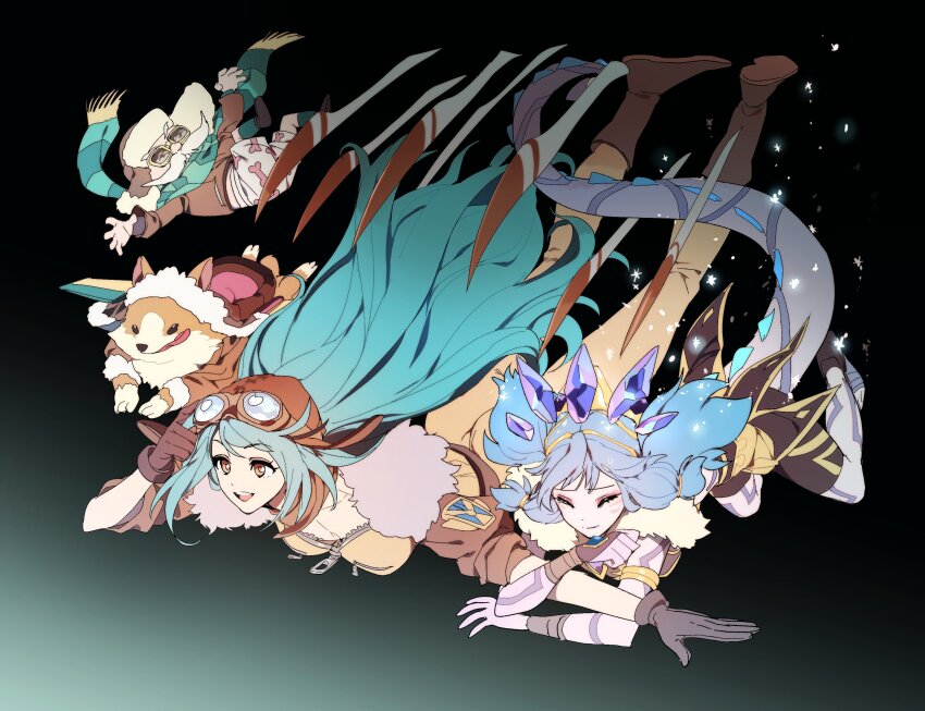 1boy, 2girls, aviator_irelia, black_background, blue_hair, breasts, brown_coat, brown_eyes, brown_headwear, brown_jacket, chameleon_girl, chameleon_tail, cleavage, closed_eyes, coat, corgi_corki, corki, dog, eyewear_on_head, facial_hair, facial_mark, falling, flying, fur-trimmed_coat, fur_trim, gradient_background, hair_between_eyes, hat, highres, holding_another's_arm, irelia, jacket, league_of_legends, long_hair, medium_breasts, multiple_girls, mustache, neeko_(league_of_legends), open_mouth, sidelocks, simple_background, smile, tail, whisker_markings, winter_wonder_neeko, zaket07