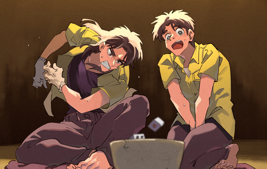 2boys, barefoot, between_legs, black_eyes, black_shirt, bowl, brown_eyes, brown_hair