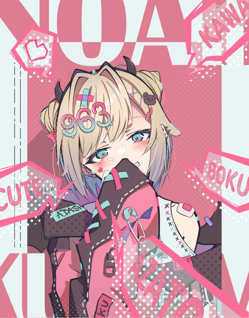 1girl, absurdres, bandages, bat_wings, blonde_hair, covering_own_mouth, double_bun, ear_piercing