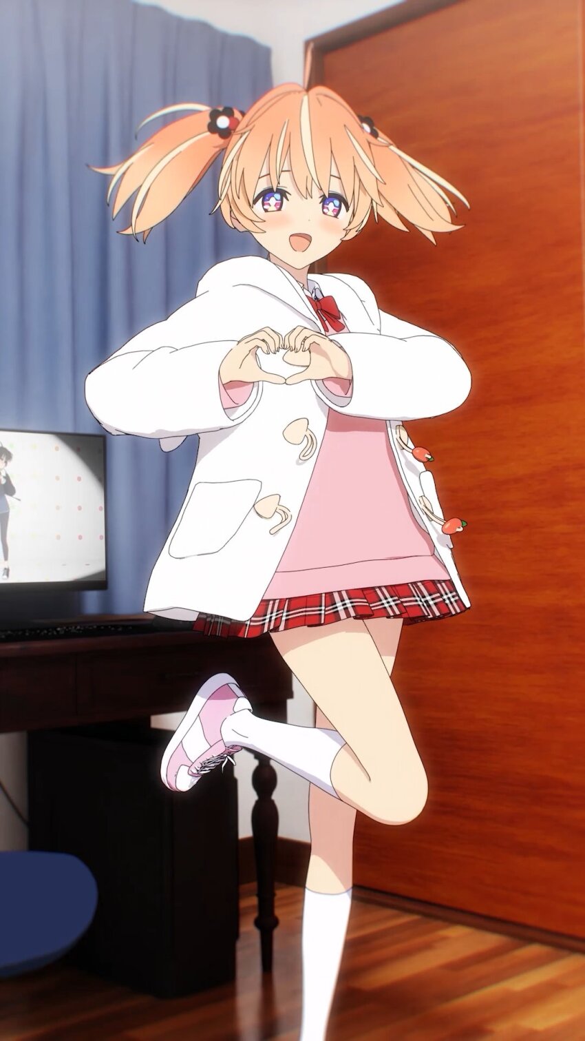 +_+, 1girl, 3d, ahoge, blender_(medium), blonde_hair, bow, bowtie