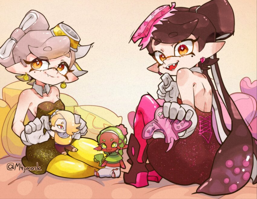 2girls, ass, bare_shoulders, big_man_(splatoon), callie_(splatoon), dress, earrings, frye_(splatoon)