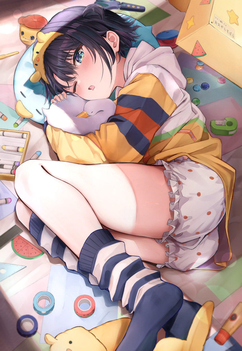 1girl, absurdres, animal, animal_hug, animal_slippers, asymmetrical_legwear, bird, black_hair, bloomers, blue_eyes, commentary_request, crayon, drooling, duck, duck_slippers, feet, fetal_position, hairband, highres, hololive, hood, hood_down, hooded_jacket, jacket, kneehighs, looking_at_viewer, loose_socks, loungewear, lying, mouth_drool, multicolored_jacket, nishiro_hato, official_alternate_costume, official_alternate_hairstyle, on_floor, on_side, one_eye_closed, oozora_subaru, oozora_subaru_(loungewear), open_mouth, polka_dot, polka_dot_bloomers, short_hair, socks, solo, two_side_up, underwear, uneven_legwear, virtual_youtuber, waking_up, white_bloomers, white_jacket, yellow_hairband, yellow_jacket