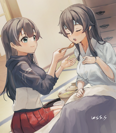 2girls, agano_(kancolle), agano_(setsubun)_(kancolle), artist_name, black_hair, black_jacket, closed_eyes, closed_mouth