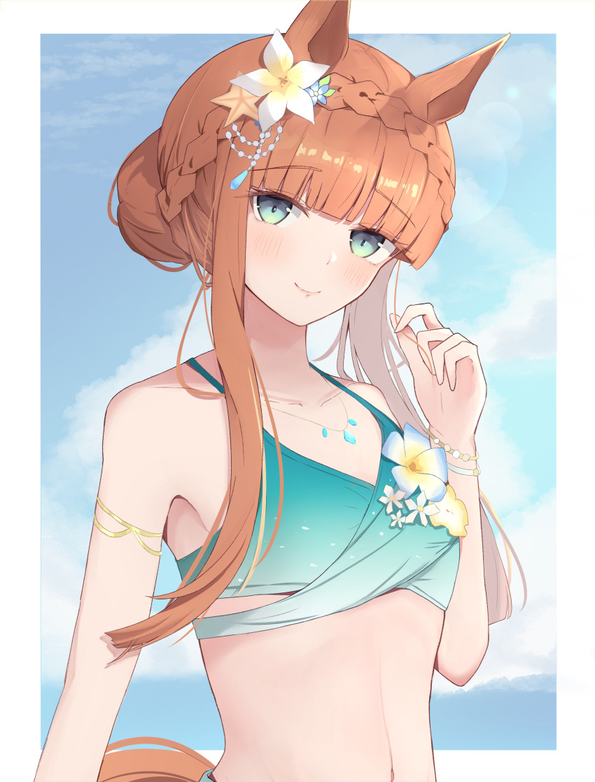 1girl, absurdres, animal_ears, aqua_eyes, bare_shoulders, bikini, blunt_bangs, blush, bracelet, braid, collarbone, crown_braid, ear_flower, flower_on_chest, gradient_bikini, green_bikini, hair_bun, highres, horse_ears, horse_girl, horse_tail, jewelry, kaedemaru, looking_at_viewer, midriff, necklace, official_alternate_costume, official_alternate_hairstyle, orange_hair, sidelocks, silence_suzuka_(emerald_on_the_waves)_(umamusume), silence_suzuka_(umamusume), single_hair_bun, smile, solo, swimsuit, tail, umamusume, upper_body