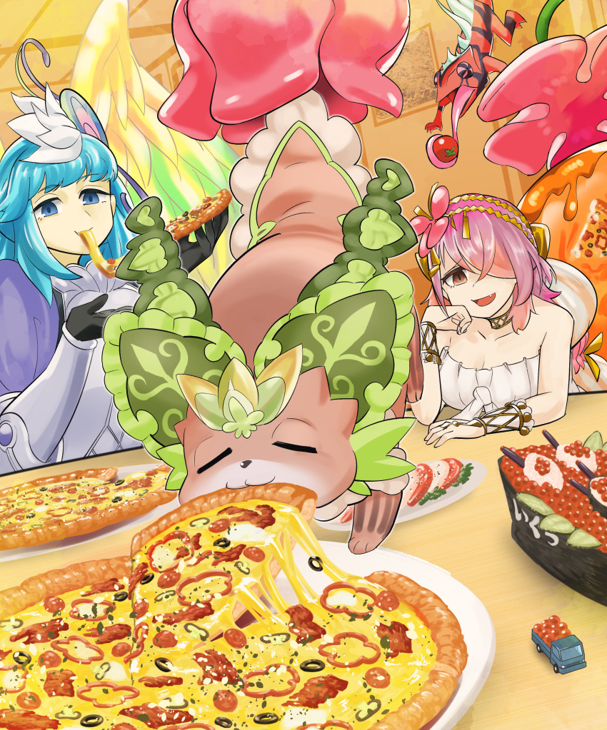 2girls, 2others, absurdres, angel, angel_wings, armor, armored_dress, blue_dress