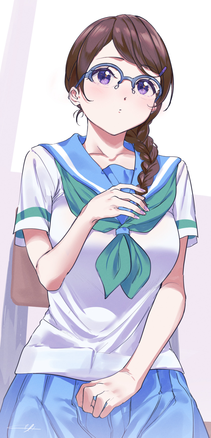 blue_sailor_collar, blue_skirt, blush, braid, braided_ponytail, brown_hair, chair, commentary_request, glasses, green_neckerchief, hair_ornament, hairclip, hibike!_euphonium, highres, kitauji_high_school_uniform, kohinata_yume, kuzia_(atarayo), nail_polish, neckerchief, on_chair, pleated_skirt, purple_eyes, purple_nails, sailor_collar, school_uniform, serafuku, shirt, sitting, skirt, summer_uniform, white_shirt, window