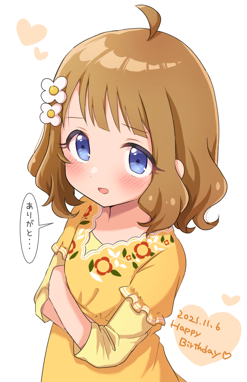 1girl, ahoge, blue_eyes, blush, brown_hair, child, commentary_request, crossed_arms