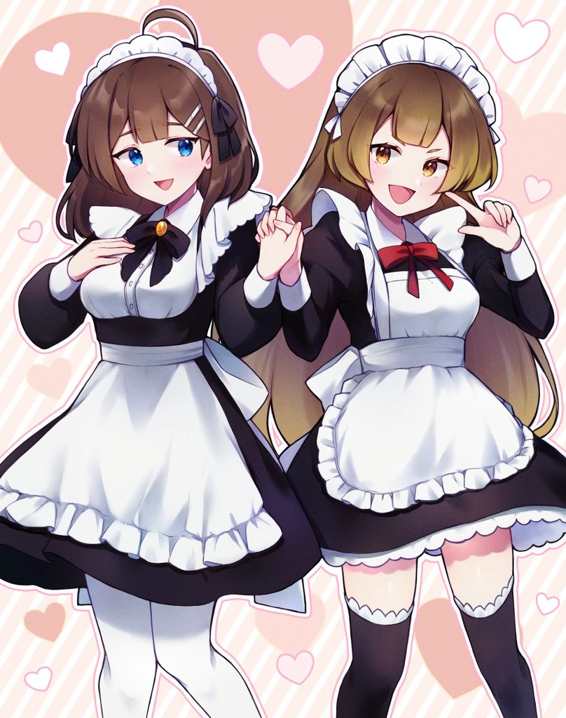 2girls, ahoge, apron, black_dress, black_ribbon, black_thighhighs, blue_eyes, breasts