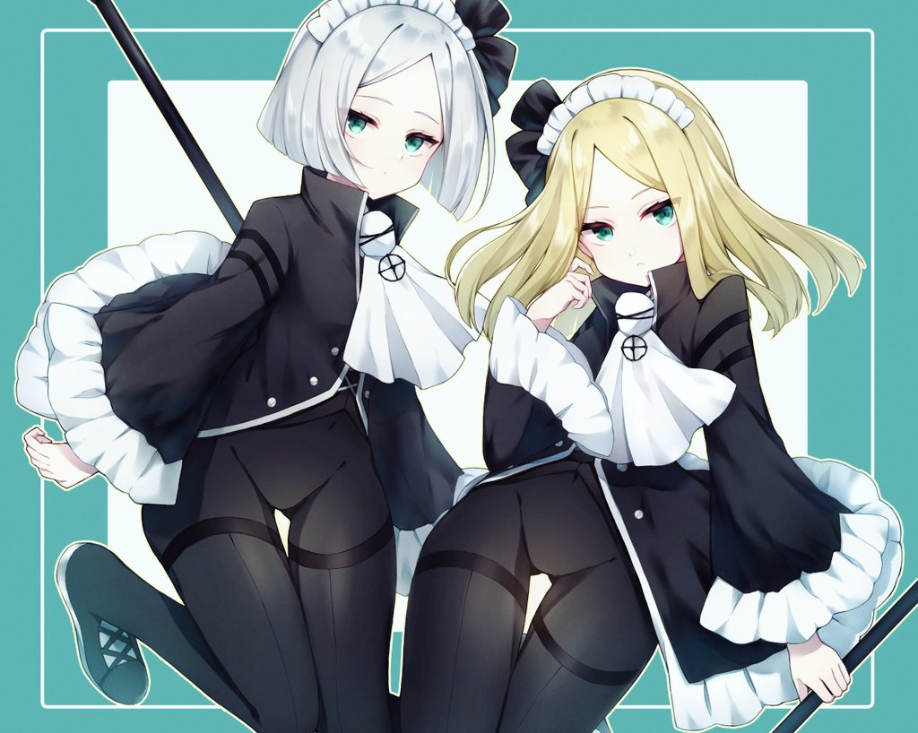 2girls, aqua_background, ascot, black_bodysuit, black_bow, black_footwear, black_jacket, blue_eyes, bodysuit, boots, bow, closed_mouth, covered_navel, frilled_sleeves, frills, hair_bow, holding, holding_polearm, holding_weapon, jacket, library_of_ruina, long_hair, long_sleeves, looking_at_viewer, maid_headdress, mikoto0x0, multiple_girls, pamela_(project_moon), pameli_(project_moon), polearm, project_moon, short_hair, thigh_boots, weapon, white_ascot, wide_sleeves