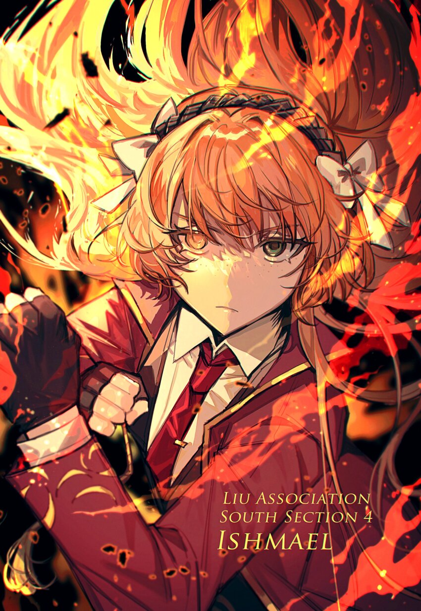 1girl, absurdres, black_gloves, bow, brown_hairband, closed_mouth, collared_shirt, fiery_hair