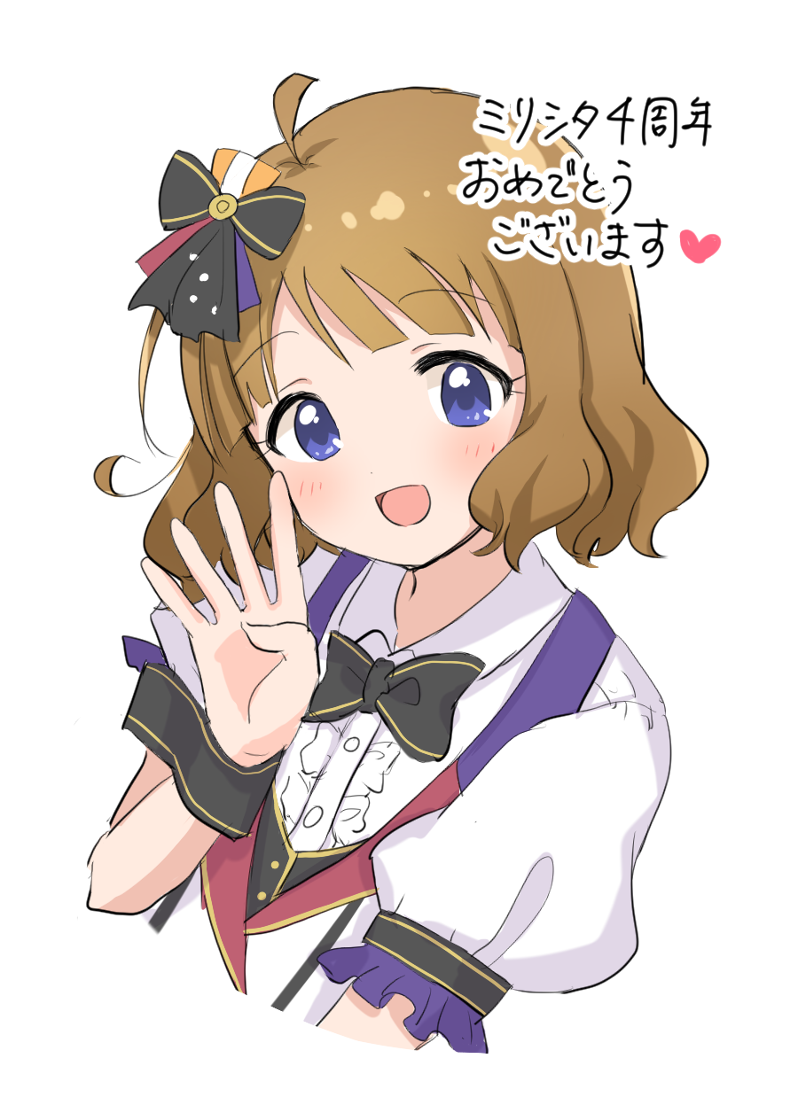 1girl, ahoge, black_bow, black_bowtie, blue_eyes, blush, bow, bowtie