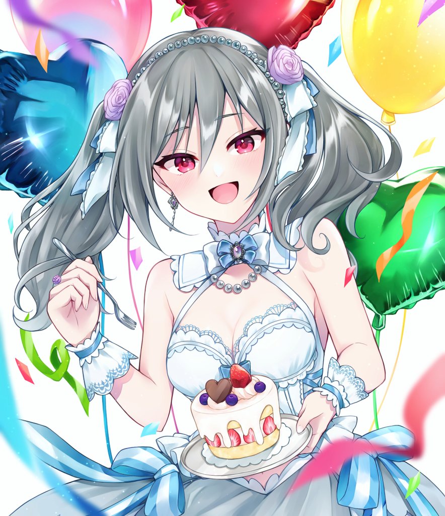1girl, balloon, bare_shoulders, blueberry, bow, breasts, cake, cleavage