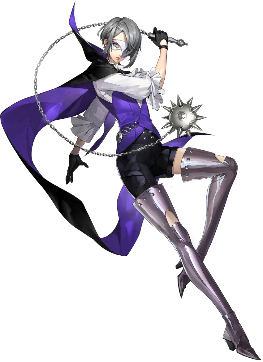 1girl, ball_and_chain_(weapon), black_gloves, boots, flail, fujikawa_yukimi, gloves, grey_boots, grey_hair, highres, persona, persona_5, persona_5:_the_phantom_x, weapon, yuki_(p5x)