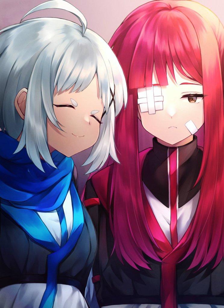 2girls, aya_(project_moon), bandaid, bandaid_on_face, black_jacket, blue_scarf, closed_eyes, closed_mouth