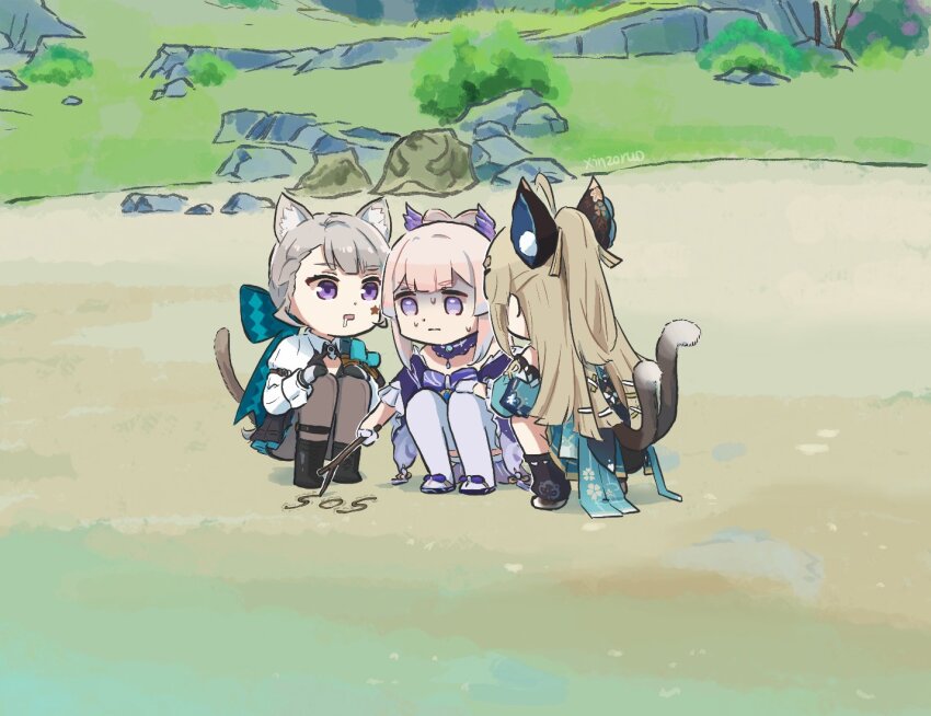 3girls, animal_ear_fluff, animal_ears, artist_name, beach, boots, cat_ears, cat_girl