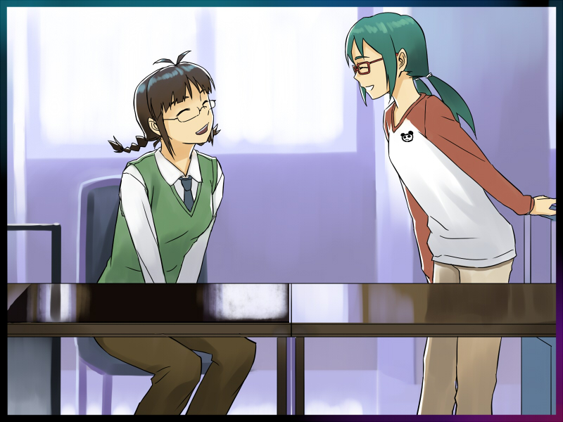 2girls, akizuki_ritsuko, antenna_hair, border, braid, brown_hair, crossover, closed_eyes