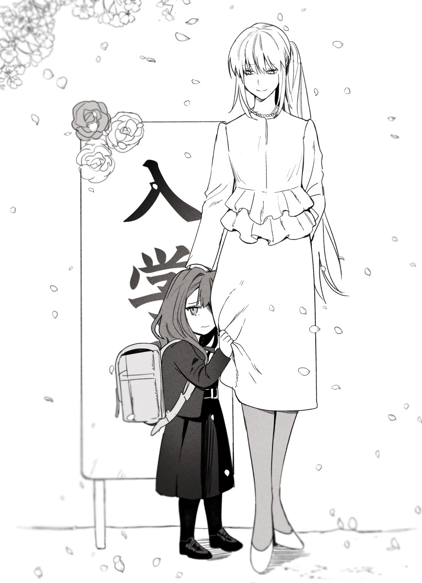 2girls, absurdres, aged_down, backpack, bag, baobhan_sith_(fate), cherry_blossoms, entrance_ceremony, falling_petals, fate/grand_order, fate_(series), flower, frilled_jacket, frills, greyscale, highres, jacket, jewelry, long_hair, looking_at_another, looking_at_viewer, medium_hair, monochrome, morgan_le_fay_(fate), multiple_girls, necklace, pearl_necklace, peeking, petals, randoseru, ryousuke_(tukr5384), sidelocks, skirt, skirt_tug, smile, socks, standing, straight-on