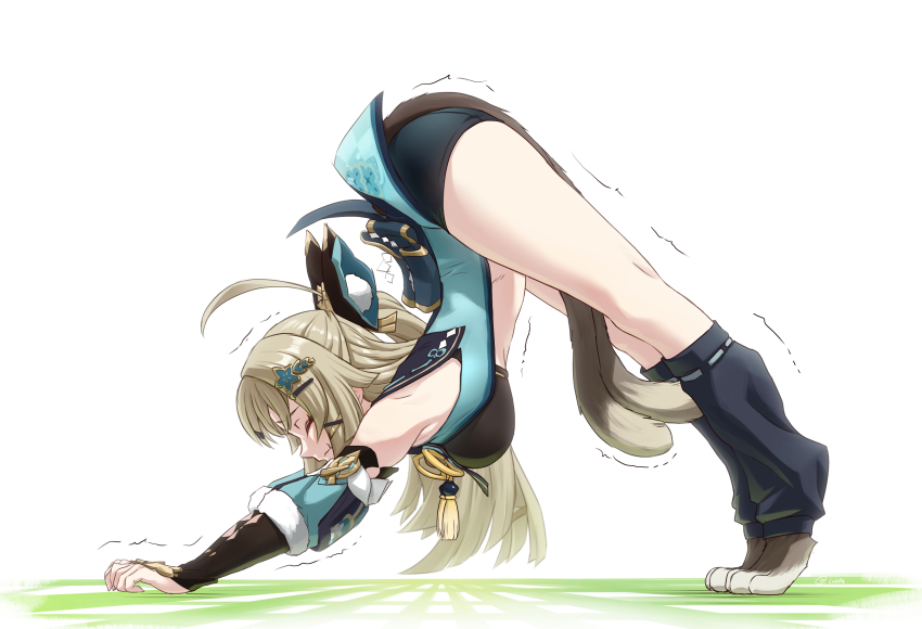 1girl, absurdres, animal_ears, animal_hands, ass, bike_shorts, black_shorts, bridal_gauntlets, brown_hair, cat_ears, cat_girl, cat_paws, cat_tail, commentary, detached_sleeves, english_commentary, flexible, from_side, genshin_impact, hair_between_eyes, hair_ornament, hairclip, highres, itou_yuuji, japanese_clothes, kirara_(genshin_impact), kneehighs, long_hair, luizhtx, multiple_tails, nekomata, outstretched_arms, pleated_skirt, profile, short_shorts, short_sleeves, shorts, sidelocks, simple_background, skirt, socks, solo, stretching, tail, trembling, two_tails, x_hair_ornament