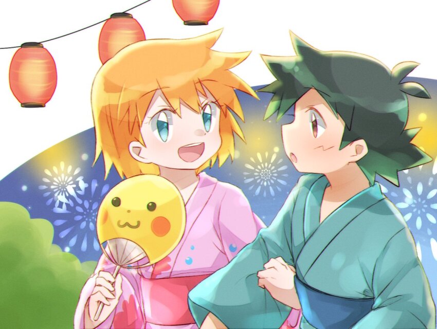 1boy, 1girl, ash_ketchum, black_hair, blush, fan, gen_1_pokemon, gym_leader