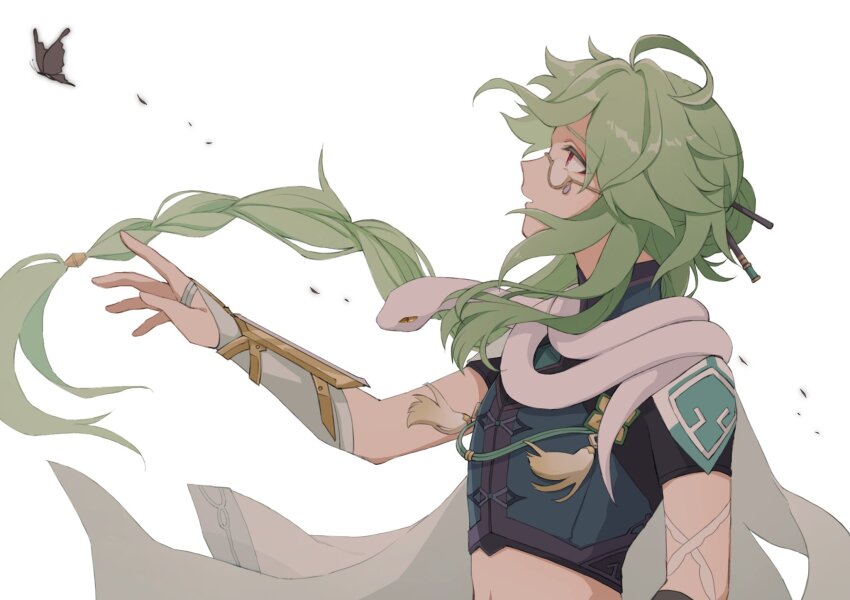 1boy, ahoge, animal, animal_around_neck, arm_guards, baizhu_(genshin_impact), blue_shirt, braid