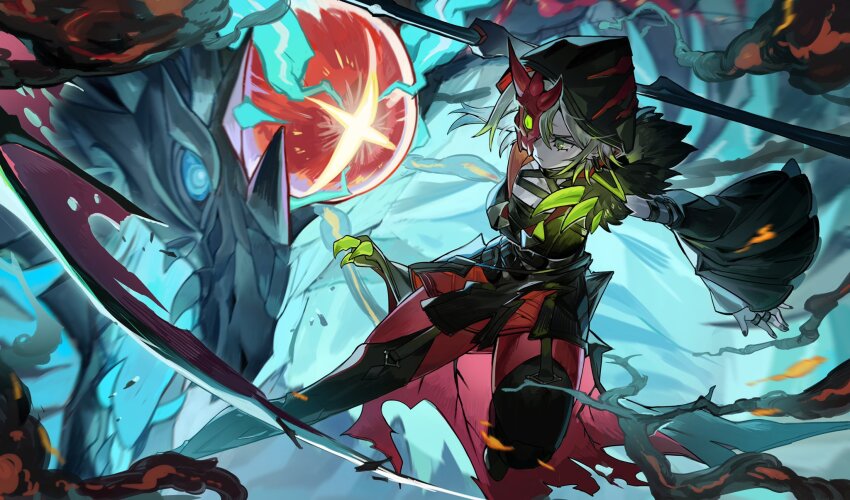 1girl, battle, breasts, cleavage, colored_tips, detached_sleeves, diabellstar_the_black_witch, dress, duel_monster, fighting_stance, gloves, green_eyes, green_hair, half_mask, highres, holding, holding_weapon, hood, hood_up, large_breasts, magiace, mask, medium_hair, multicolored_hair, pale_skin, red_mask, scythe, single_detached_sleeve, single_glove, single_sleeve, snake-eyes_flamberge_dragon, weapon, yu-gi-oh!