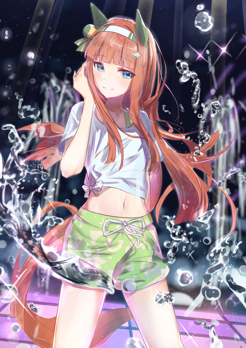 1girl, absurdres, animal_ears, aqua_eyes, blunt_bangs, commentary_request, ear_covers, gaze_on_me!_outfit_(umamusume)