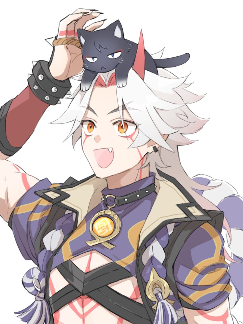 1boy, :d, animal, animal_on_head, arataki_itto, arm_up, black_choker, black_coat