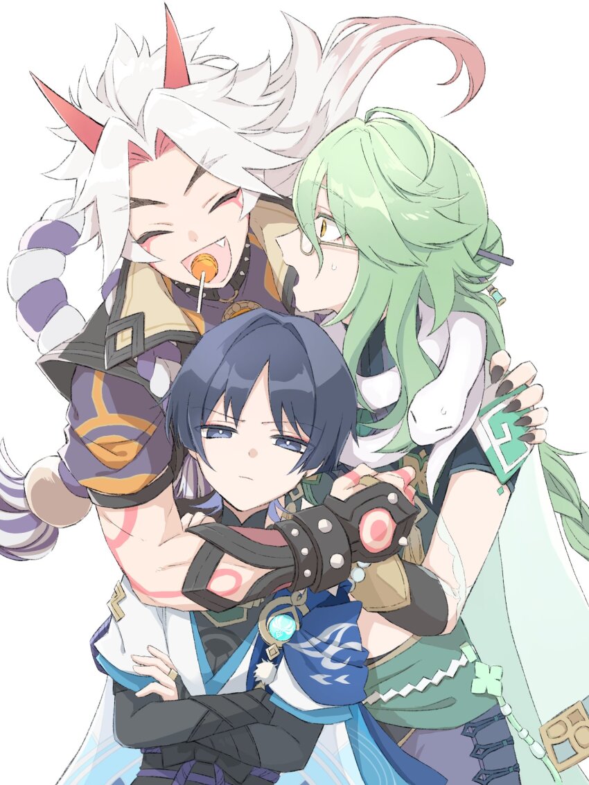 3boys, :d, ^_^, ahoge, annoyed, arataki_itto, baizhu_(genshin_impact), black_choker, black_coat, black_gloves, black_hair, black_shirt, blue_cape, blue_shirt, blunt_ends, bodypaint, bracelet, braid, braided_ponytail, bridal_gauntlets, bright_pupils, candy, cape, changsheng_(genshin_impact), chinese_clothes, choker, closed_eyes, coat, colored_inner_hair, commentary_request, cowboy_shot, crop_top, crossed_arms, eyeshadow, facepaint, fang, fingerless_gloves, floating_hair, food, genshin_impact, glasses, gloves, gradient_hair, green_hair, hair_between_eyes, hair_bun, hair_ornament, hair_stick, highres, horns, hug, jacket, japanese_clothes, jewelry, lollipop, long_hair, looking_at_another, looking_at_viewer, looking_to_the_side, makeup, male_focus, multicolored_hair, multiple_boys, o-ring, o-ring_choker, oni_horns, open_clothes, open_coat, open_jacket, open_mouth, pants, parted_bangs, pom_pom_(clothes), profile, purple_eyes, purple_pants, purple_shirt, red_eyeshadow, red_hair, red_horns, rope, same_(same_hoge), scaramouche_(genshin_impact), semi-rimless_eyewear, shimenawa, shirt, short_sleeves, sidelocks, simple_background, single_braid, single_hair_bun, sleeveless, sleeveless_coat, smile, snake, spiked_choker, spikes, studded_bracelet, surprised, sweatdrop, tassel, under-rim_eyewear, vision_(genshin_impact), wanderer_(genshin_impact), white_background, white_hair, white_jacket, white_pupils, yellow_eyes