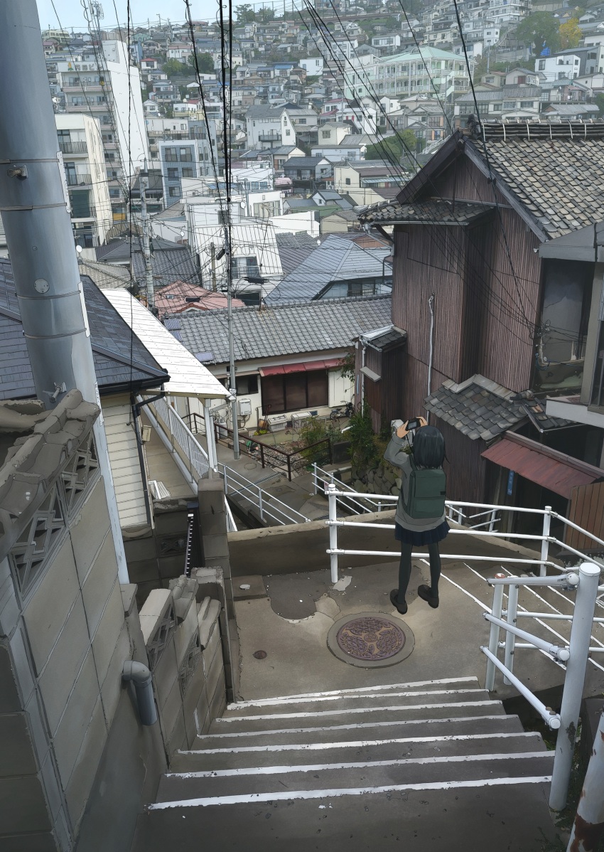 1girl, absurdres, backpack, bag, black_pantyhose, black_skirt, building, bush, camera, city, cityscape, commentary_request, fence, from_behind, grey_jacket, highres, holding, holding_camera, house, jacket, manhole, nagasaki, original, outdoors, pantyhose, photo-referenced, power_lines, railing, rooftop, scenery, short_hair, skirt, solo, stairs, standing, taking_picture, tile_roof, unagi189, utility_pole