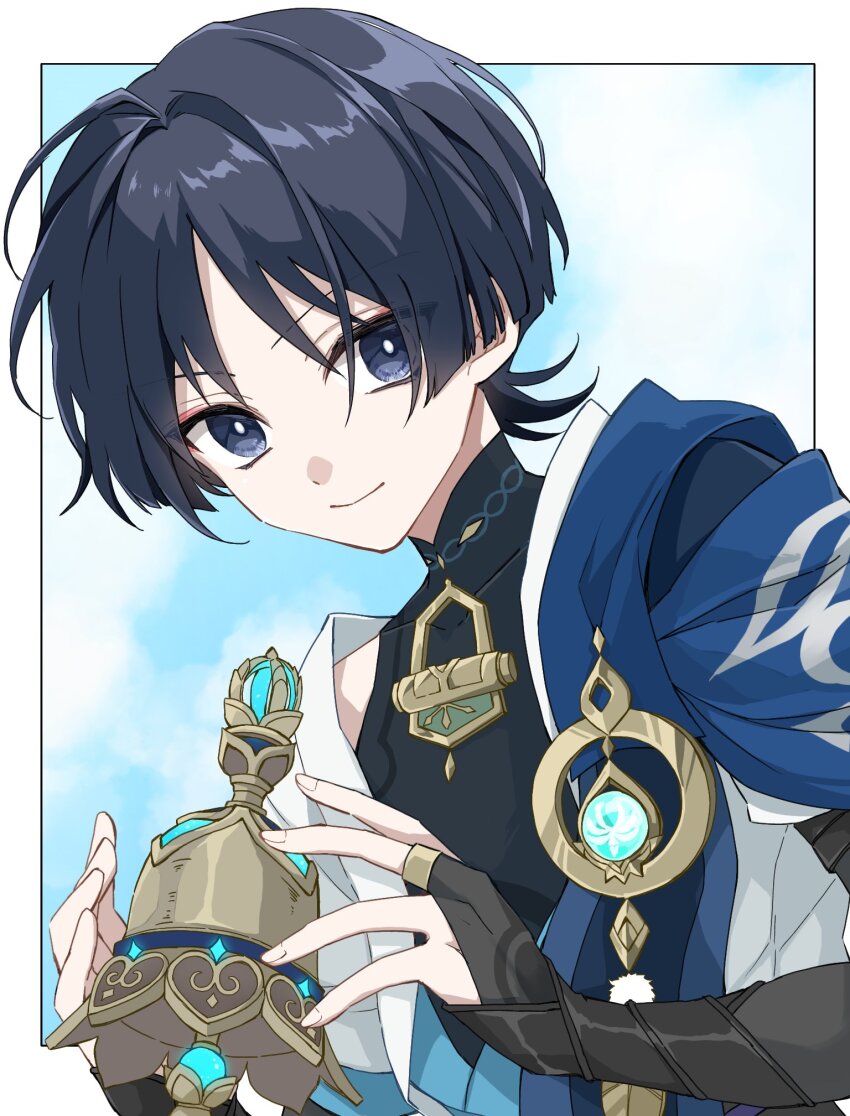 1boy, bell, black_hair, black_shirt, blue_cape, blue_sky, blunt_ends, border, bridal_gauntlets, bright_pupils, cape, closed_mouth, cloud, commentary_request, covered_collarbone, day, eyeshadow, feathers, genshin_impact, hands_up, highres, jacket, looking_at_viewer, makeup, male_focus, open_clothes, open_jacket, outside_border, parted_bangs, pom_pom_(clothes), purple_eyes, red_eyeshadow, same_(same_hoge), scaramouche_(genshin_impact), shirt, short_hair, short_sleeves, sidelocks, sky, sleeveless, sleeveless_shirt, smile, solo, tulaytullah's_remembrance_(genshin_impact), upper_body, vision_(genshin_impact), wanderer_(genshin_impact), weapon, white_border, white_jacket, white_pupils