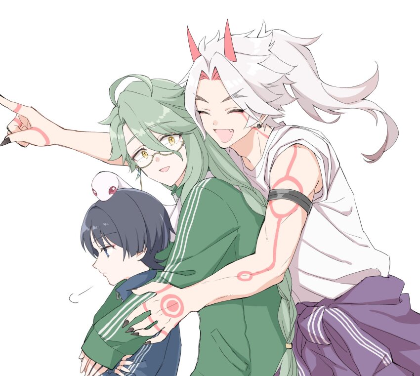 3boys, :d, ^_^, ahoge, alternate_hairstyle, arataki_itto, arm_up, baizhu_(genshin_impact)