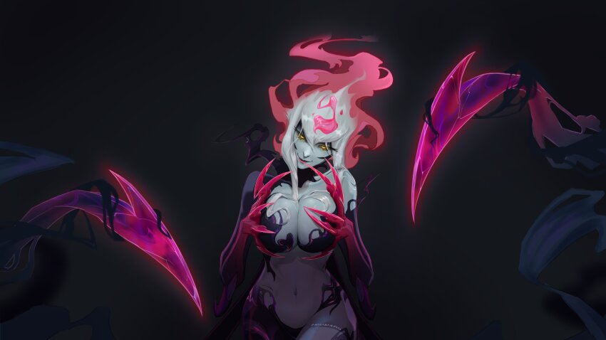 1girl, absurdres, bare_arms, bare_hips, bare_legs, bare_shoulders, black_background, black_skin, breasts, breasts_squeezed_together, claws, colored_skin, cowboy_shot, demon, demon_girl, evelynn_(league_of_legends), evil_smile, fingernails, floating_hair, grey_skin, hair_between_eyes, hair_floating_upwards, head_tilt, highres, large_breasts, lashers, league_of_legends, long_fingernails, multicolored_hair, naughty_face, navel, phtharticpaul, pink_hair, pink_nails, pink_skin, seductive_smile, sharp_fingernails, sidelocks, smile, solo, twitter_username, two-tone_hair, white_hair, yellow_eyes