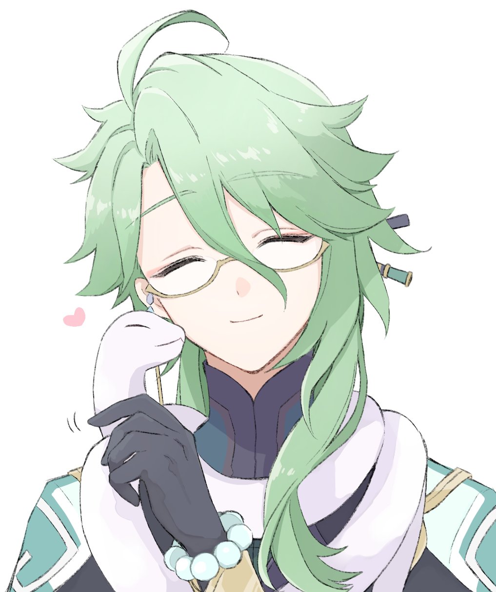 1boy, ^_^, ahoge, baizhu_(genshin_impact), bead_bracelet, beads, black_gloves, blue_shirt