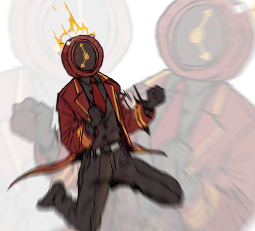 1other, 4chan, a800, black_pants, black_shirt, black_vest, clenched_hands, clock, coat, dante_(limbus_company), fire, kneeling, limbus_company, long_sleeves, necktie, object_head, pants, project_moon, red_coat, red_necktie, shirt, vest, wing_collar, yellow_trim