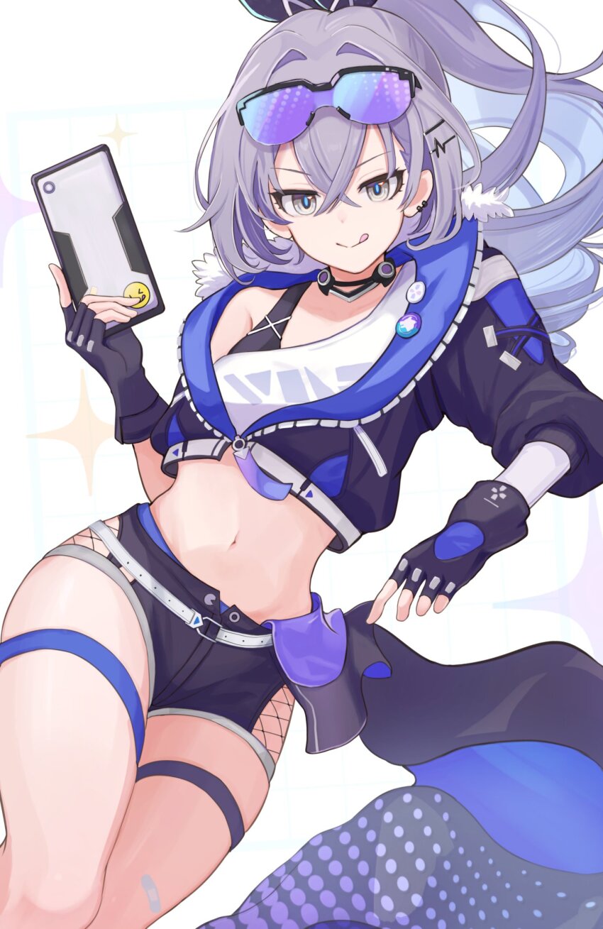 1girl, drill_hair, drill_ponytail, eyewear_on_head, fishnets, goggles, gradient-tinted_eyewear, grey_eyes, grey_hair, highres, honkai:_star_rail, honkai_(series), shirt, silver_wolf_(honkai:_star_rail), simple_background, single-shoulder_shirt, single_drill, smile, solo, tinted_eyewear, tongue, tongue_out, white_background, yotsuyama_(yomo8ama)