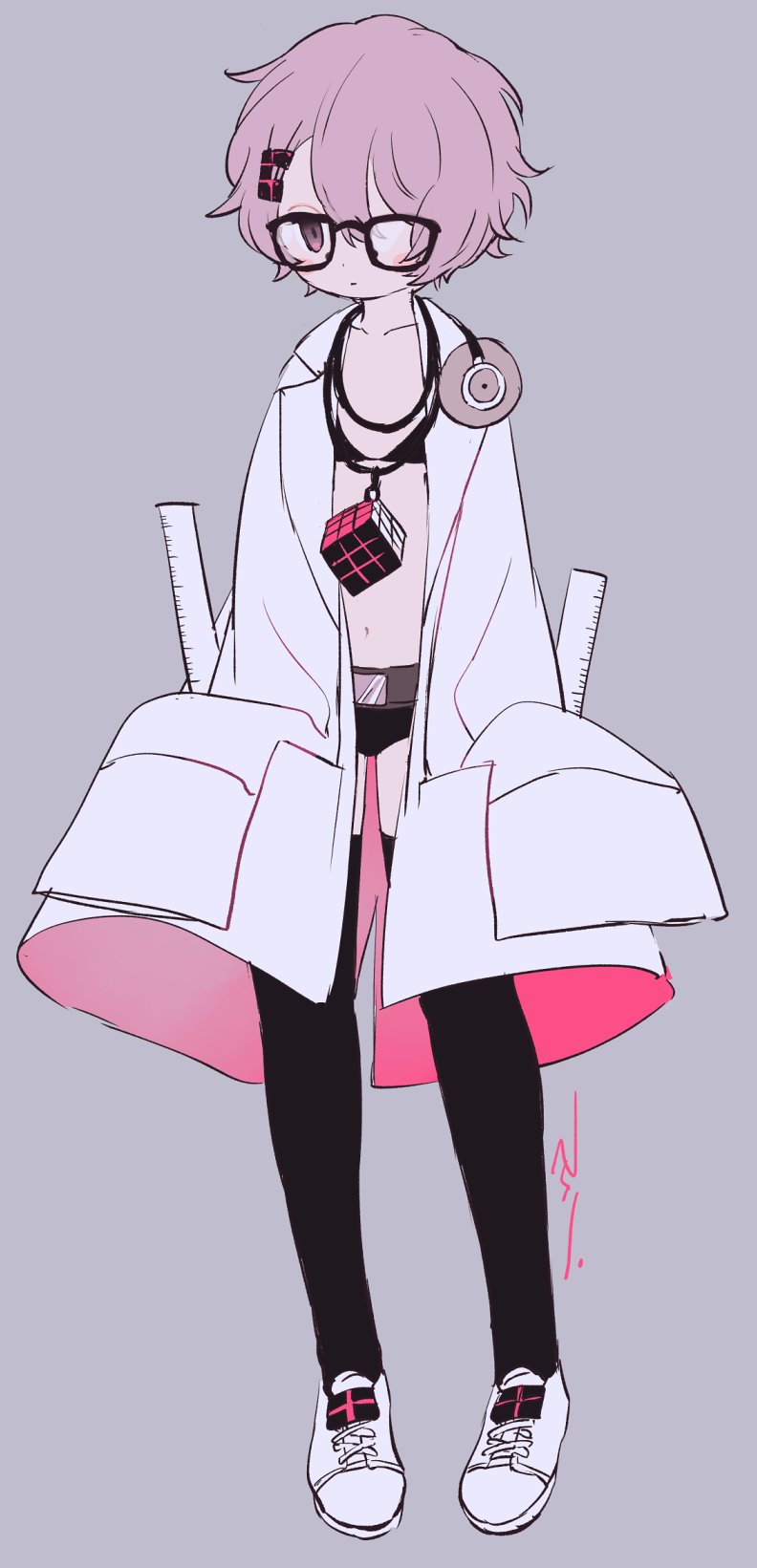 1girl, bikini, black_bikini, black_thighhighs, blush, coat, commentary_request, flat_chest, full_body, glasses, grey_background, hair_over_one_eye, highres, jewelry, keek, lab_coat, long_sleeves, looking_at_viewer, mahou_shoujo_ikusei_keikaku, mahou_shoujo_ikusei_keikaku_restart, maruino, necklace, open_clothes, open_mouth, purple_hair, rubik's_cube, ruler, shoes, short_hair, simple_background, sleeves_past_fingers, sleeves_past_wrists, sneakers, solo, standing, swimsuit, thighhighs, white_coat, white_shoes