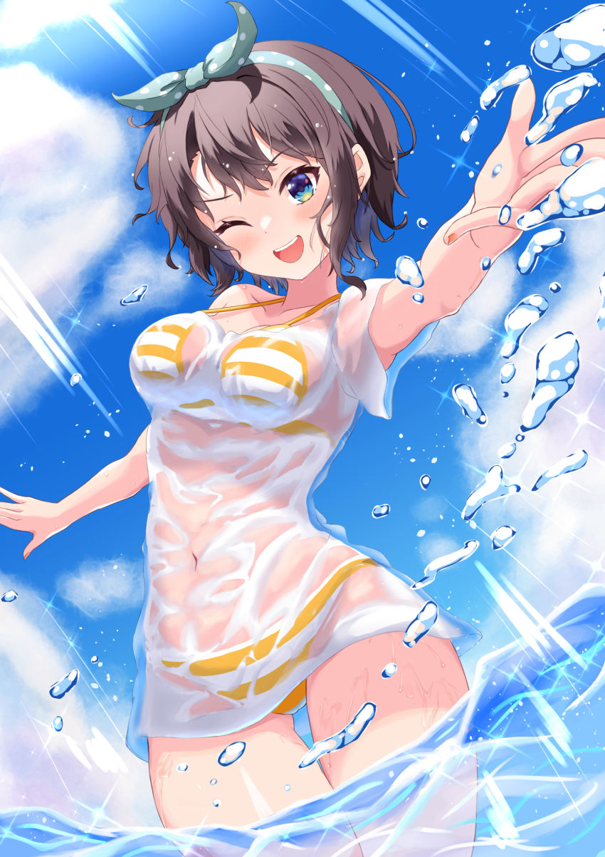 1girl, absurdres, bikini, bikini_under_clothes, black_hair, blue_eyes, blue_sky, breasts