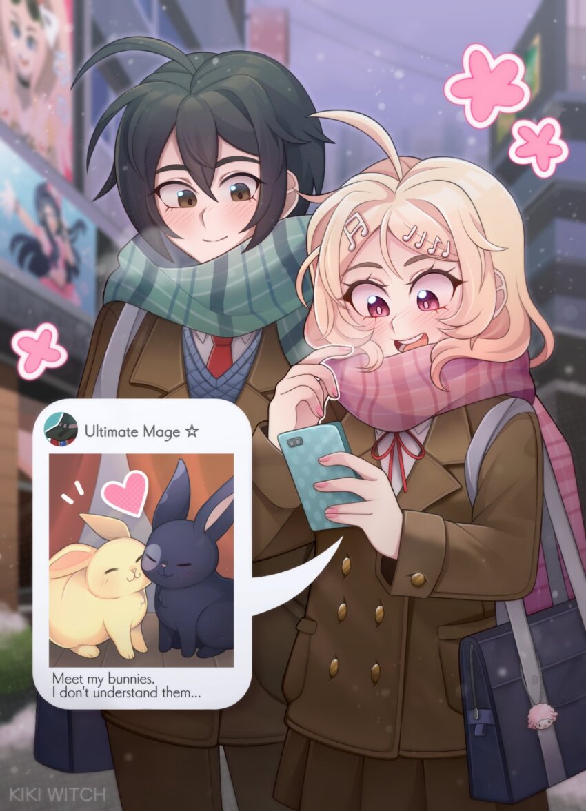 1boy, 1girl, ahoge, akamatsu_kaede, alternate_costume, animal, aqua_scarf, artist_name