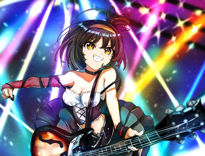 1girl, alternate_costume, arm_warmers, black_choker, bob_cut, breasts, brown_hair, choker