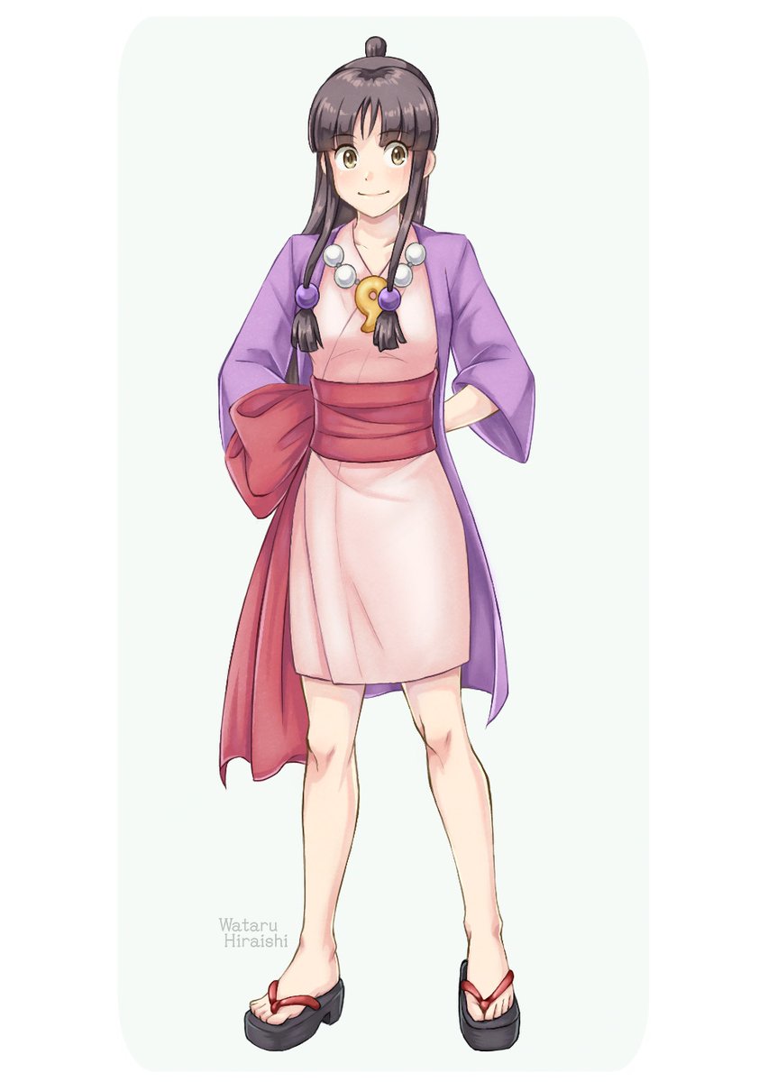 1girl, ace_attorney, arms_behind_back, black_hair, blunt_bangs, closed_mouth, commentary_request, full_body, geta, hair_ornament, half_updo, hanten_(clothes), highres, hiraishi_wataru, jacket, japanese_clothes, jewelry, kimono, long_hair, long_sleeves, looking_to_the_side, magatama, magatama_necklace, maya_fey, necklace, obi, okobo, parted_bangs, pink_kimono, platform_sandals, purple_jacket, red_sash, sandals, sash, short_kimono, sidelocks, smile, solo, sphere_hair_ornament, standing