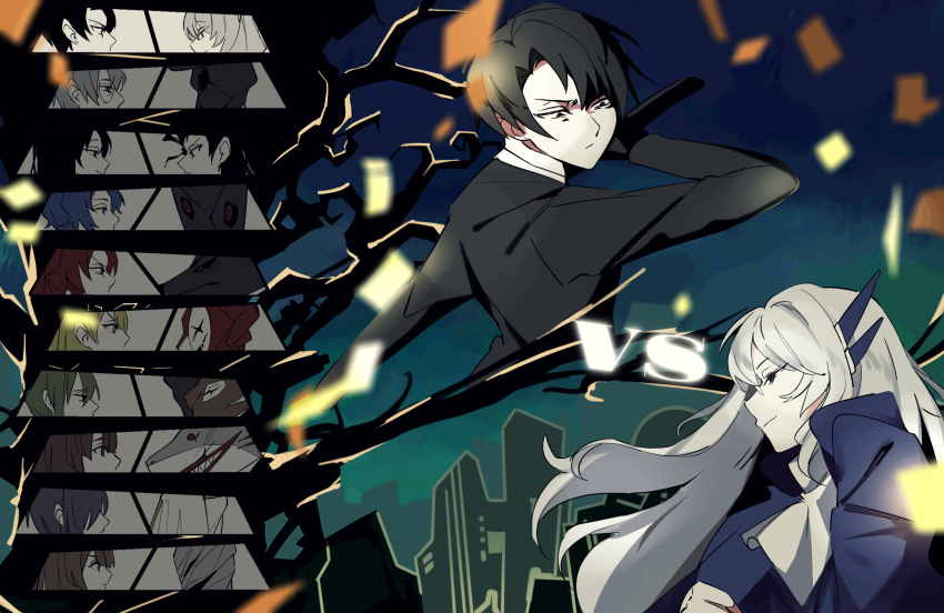 6+boys, 6+girls, argalia_(project_moon), ascot, binah_(project_moon), black_eyes, black_gloves, black_hair