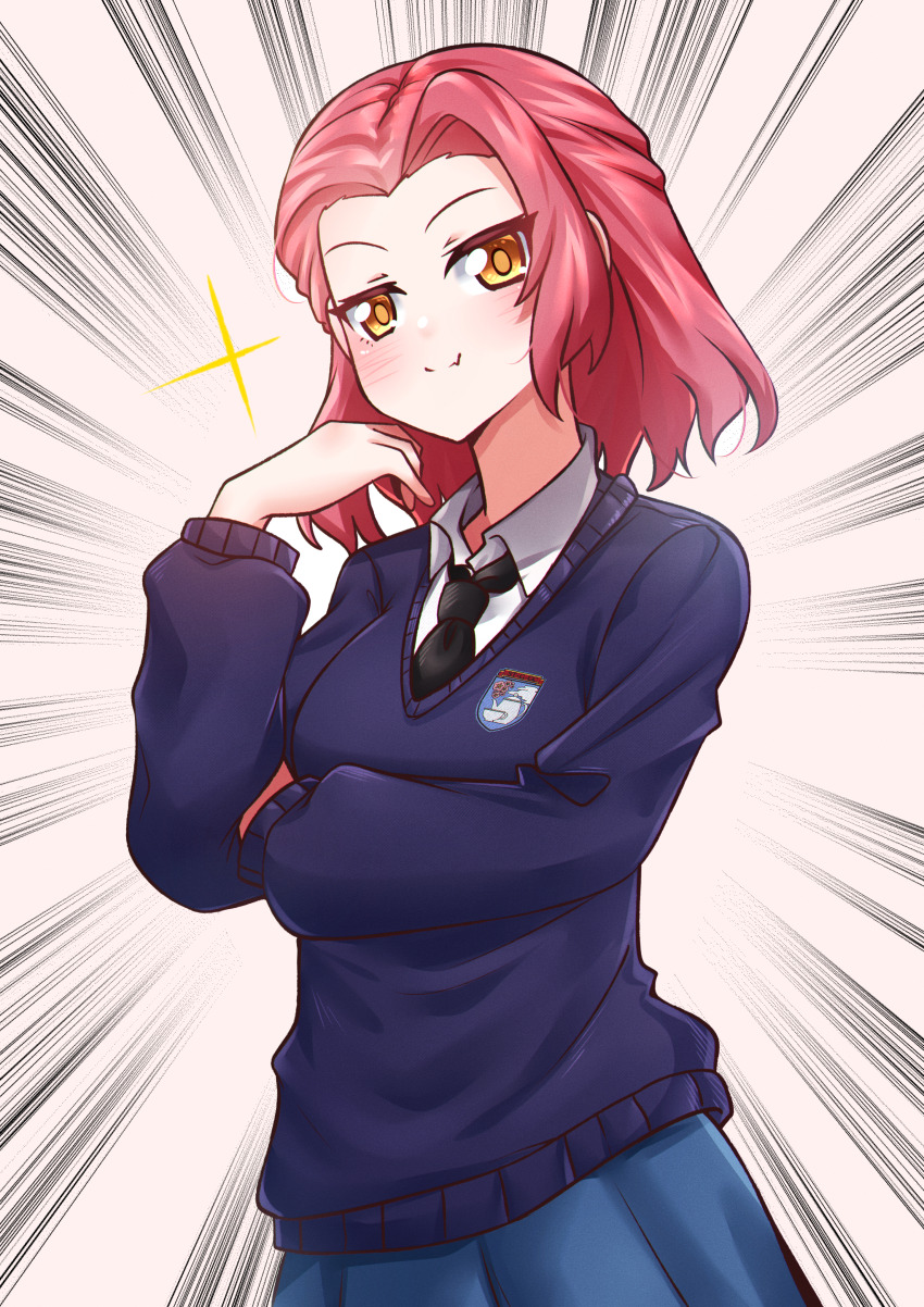 1girl, absurdres, alternate_hairstyle, black_necktie, blue_skirt, blue_sweater, clara_(girls_und_panzer), clara_(girls_und_panzer)_(cosplay), closed_mouth, commentary, cosplay, dress_shirt, emblem, emphasis_lines, english_commentary, fang, girls_und_panzer, half-closed_eyes, hand_on_own_arm, highres, long_sleeves, looking_at_viewer, medium_hair, mizzterbii, necktie, orange_eyes, pleated_skirt, red_hair, rosehip_(girls_und_panzer), school_uniform, shirt, skin_fang, skirt, smile, solo, sparkle, st._gloriana's_(emblem), st._gloriana's_school_uniform, standing, sweater, v-neck, white_shirt, wing_collar