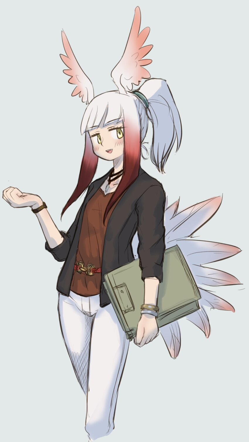1girl, alternate_costume, aotsuki_tsutome, bird_girl, bird_tail, bird_wings, black_jacket, blunt_bangs