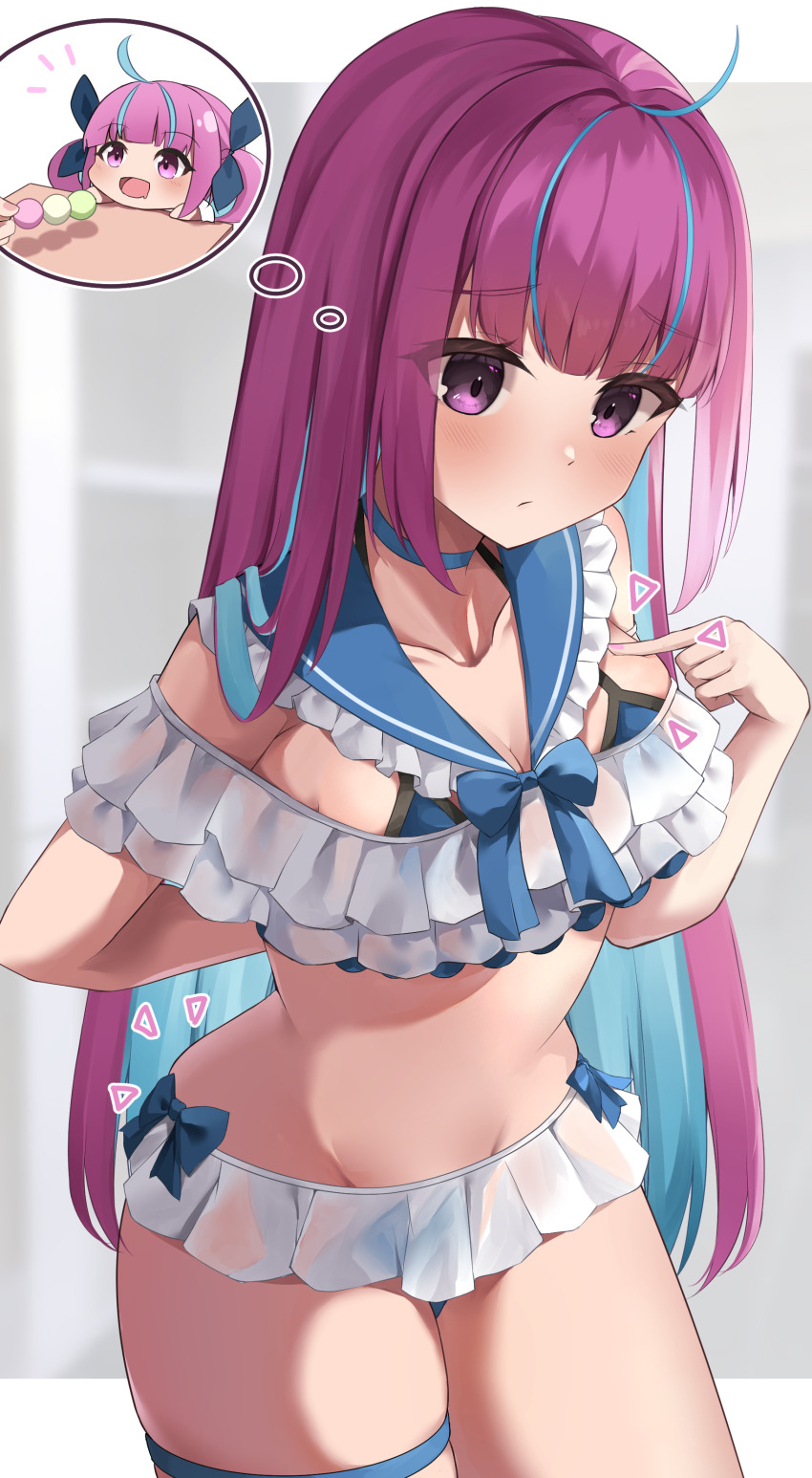 1girl, :/, absurdres, ahoge, arm_behind_back, bikini, bikini_skirt, blue_bow